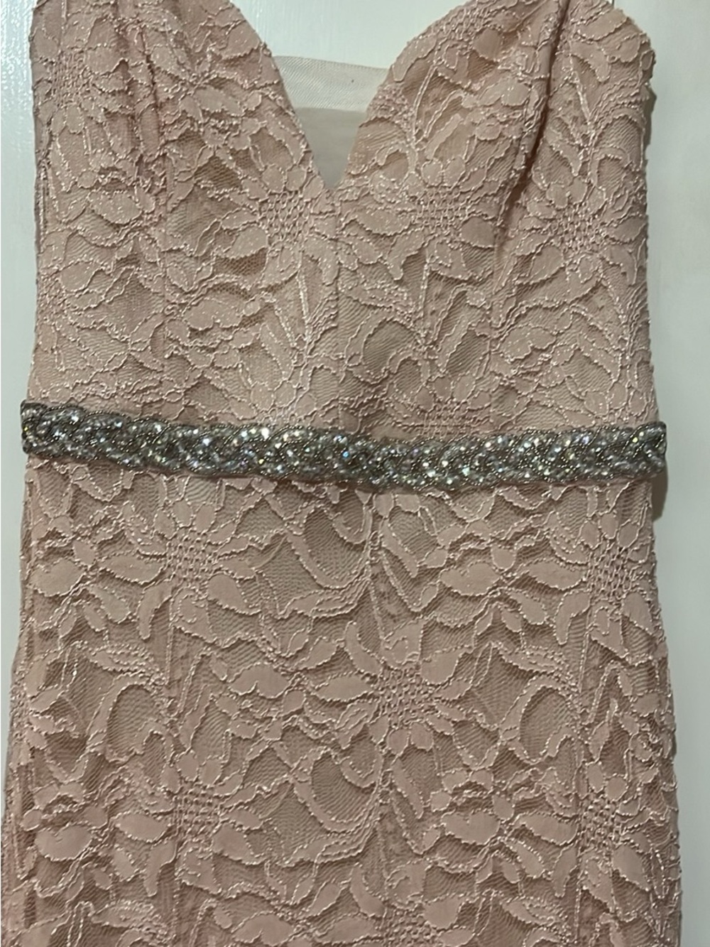 Strapless Lace Evening Dress in Blush with Beaded Waist